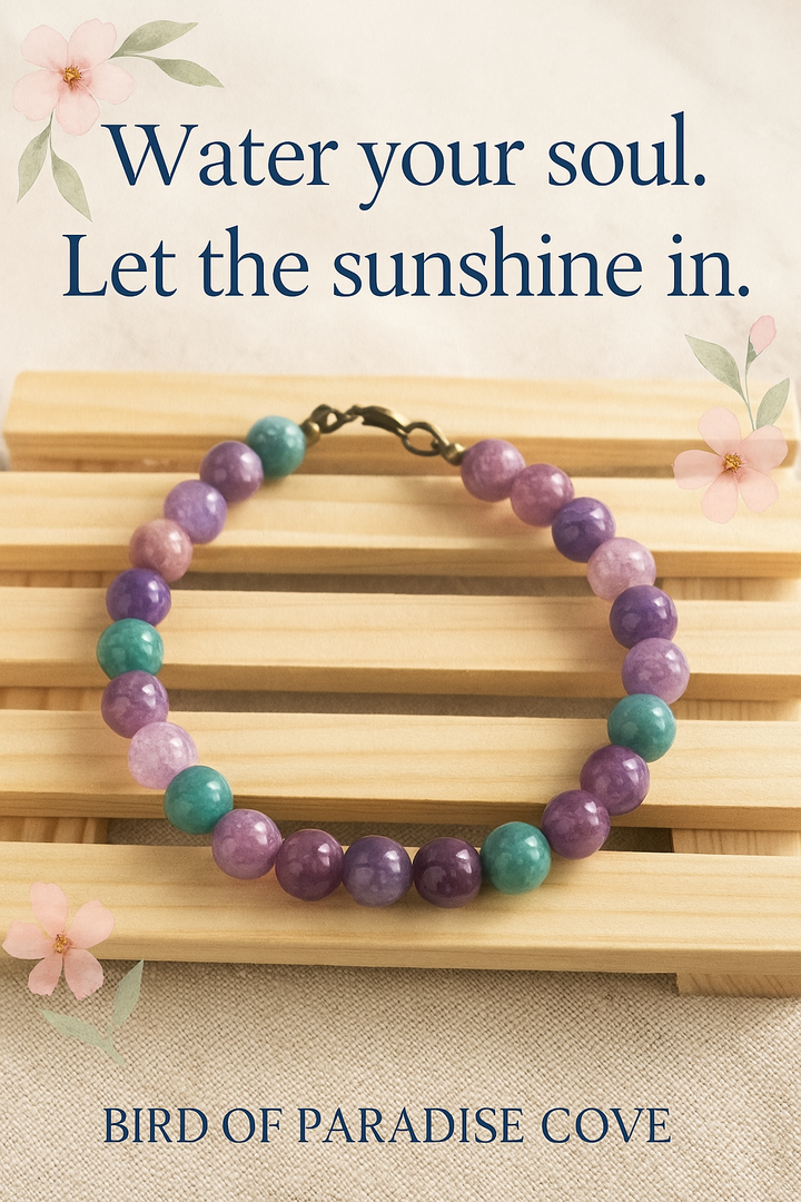 Spring Garden Serenity bracelet with inspirational quote, ‘Water your soul. Let the sunshine in.’