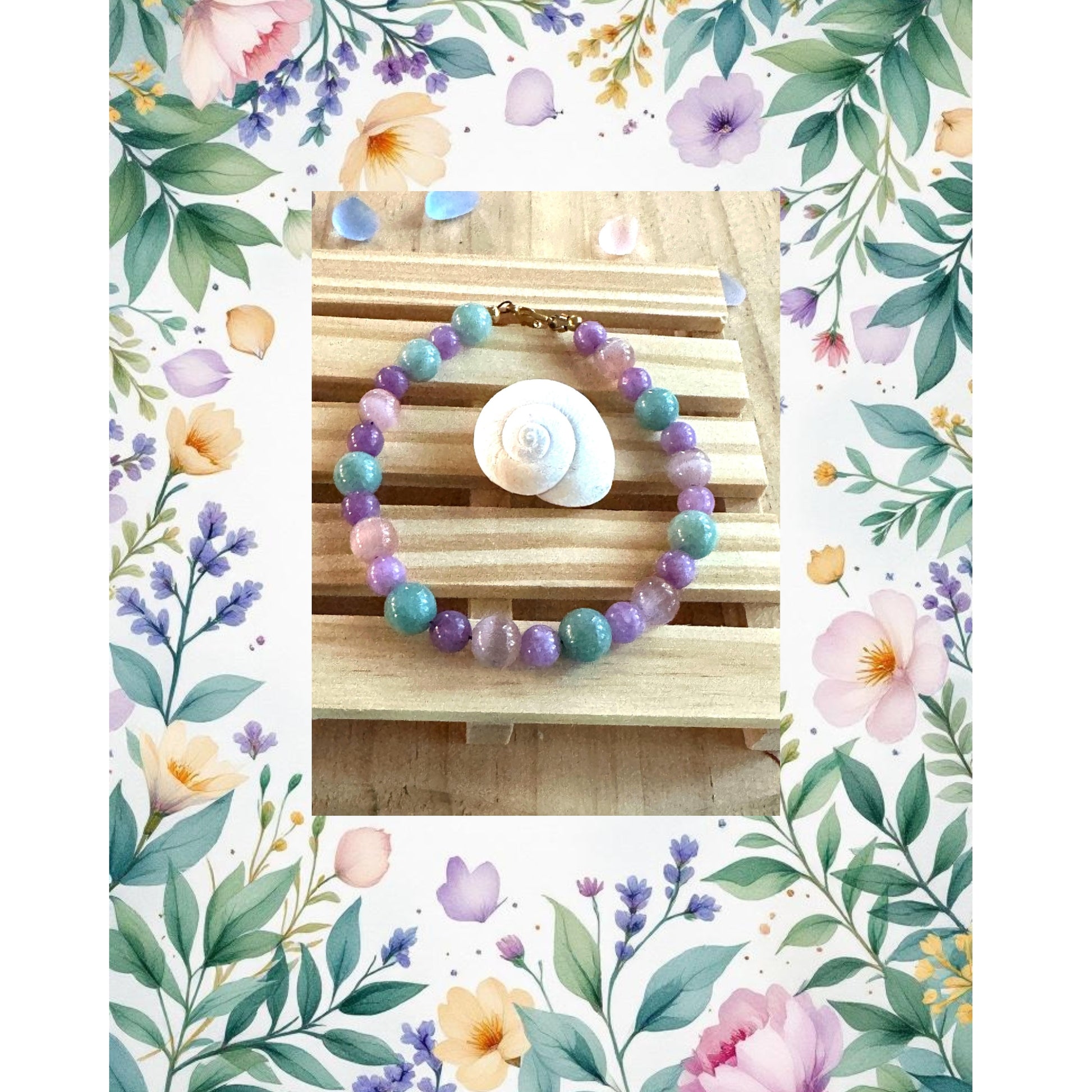 Spring Garden Serenity bracelet and shell displayed within a floral garden-themed border.