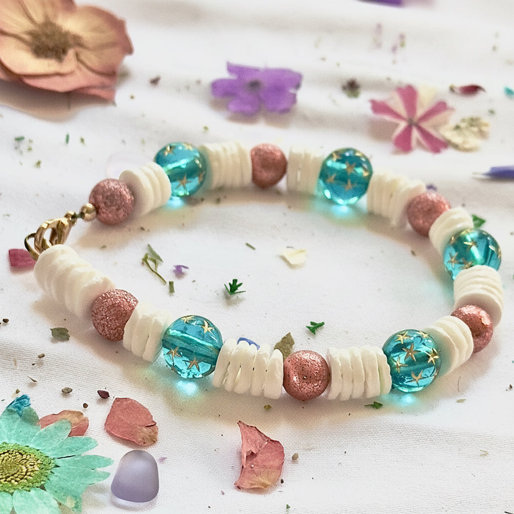 Handmade whimsical bracelet with teal galaxy beads, pink shimmer accents, and coastal-inspired details