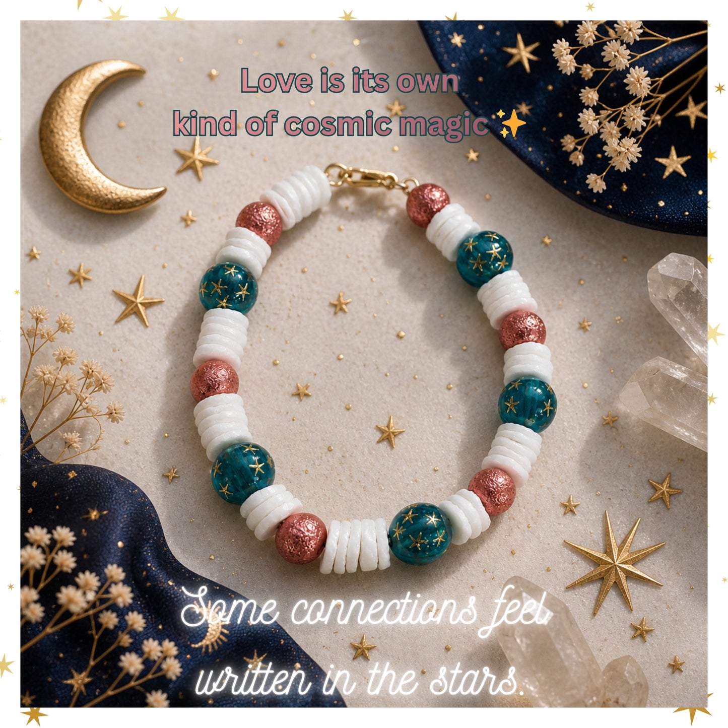 Inspirational celestial jewelry quote graphic featuring Starfall Shores bracelet with moon and stars theme