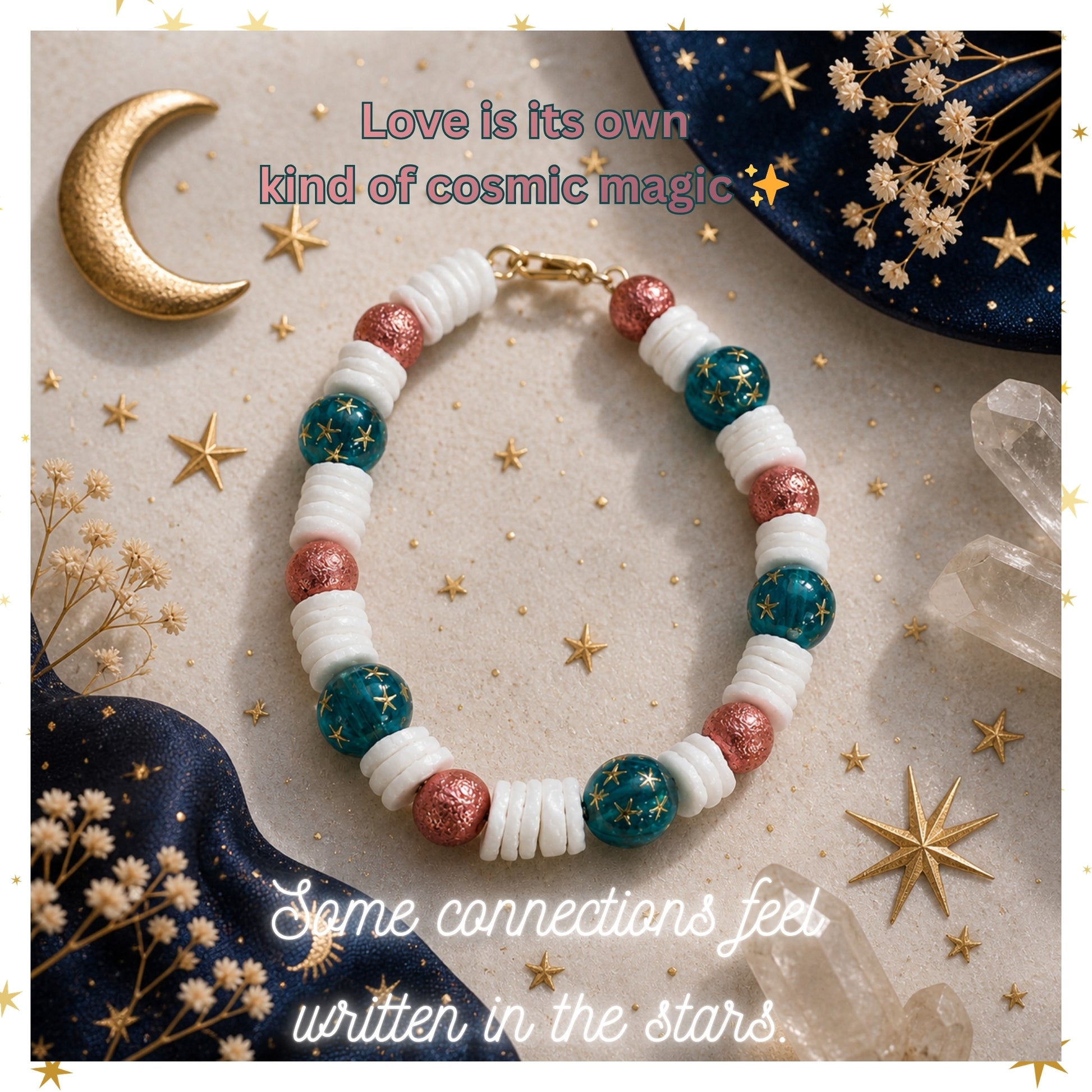 Inspirational celestial jewelry quote graphic featuring Starfall Shores bracelet with moon and stars theme