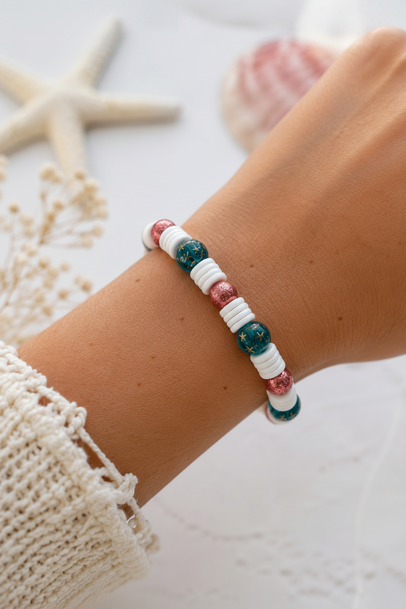 Woman wearing Starfall Shores celestial coastal bracelet with teal and pink beads in soft natural lighting