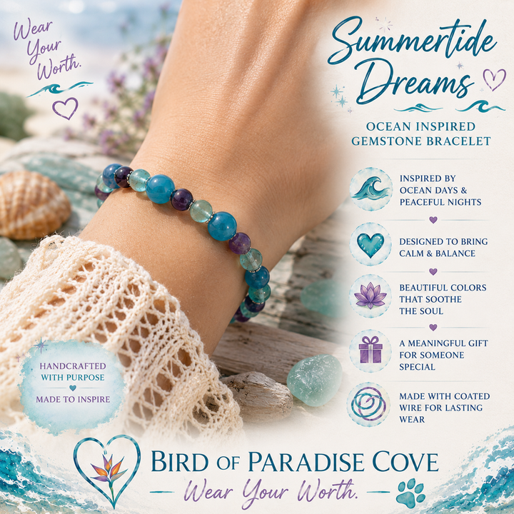 Summertide Dreams ocean-inspired bracelet worn on a wrist near the beach.