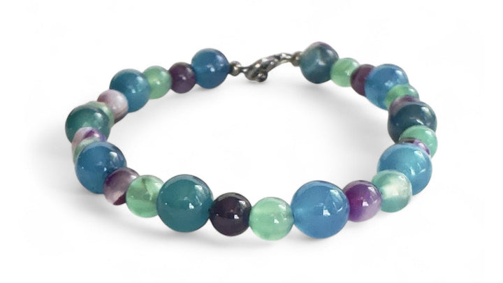 Summertide Dreams ocean inspired gemstone bracelet with blue, aqua, green, and purple beads.