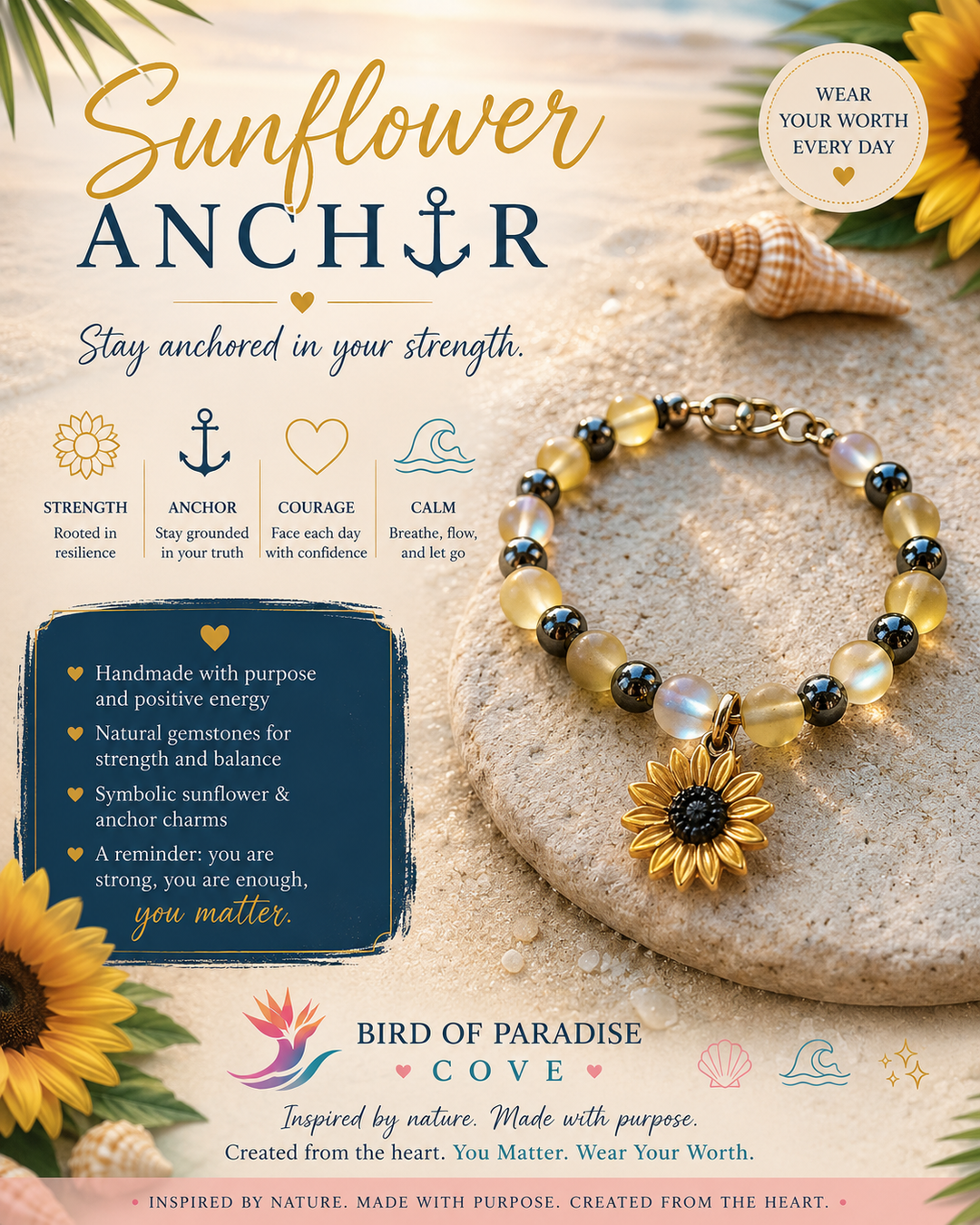 Sunflower Anchor bracelet information graphic featuring symbolism of strength, courage, calm, and staying grounded through life’s changing tides.