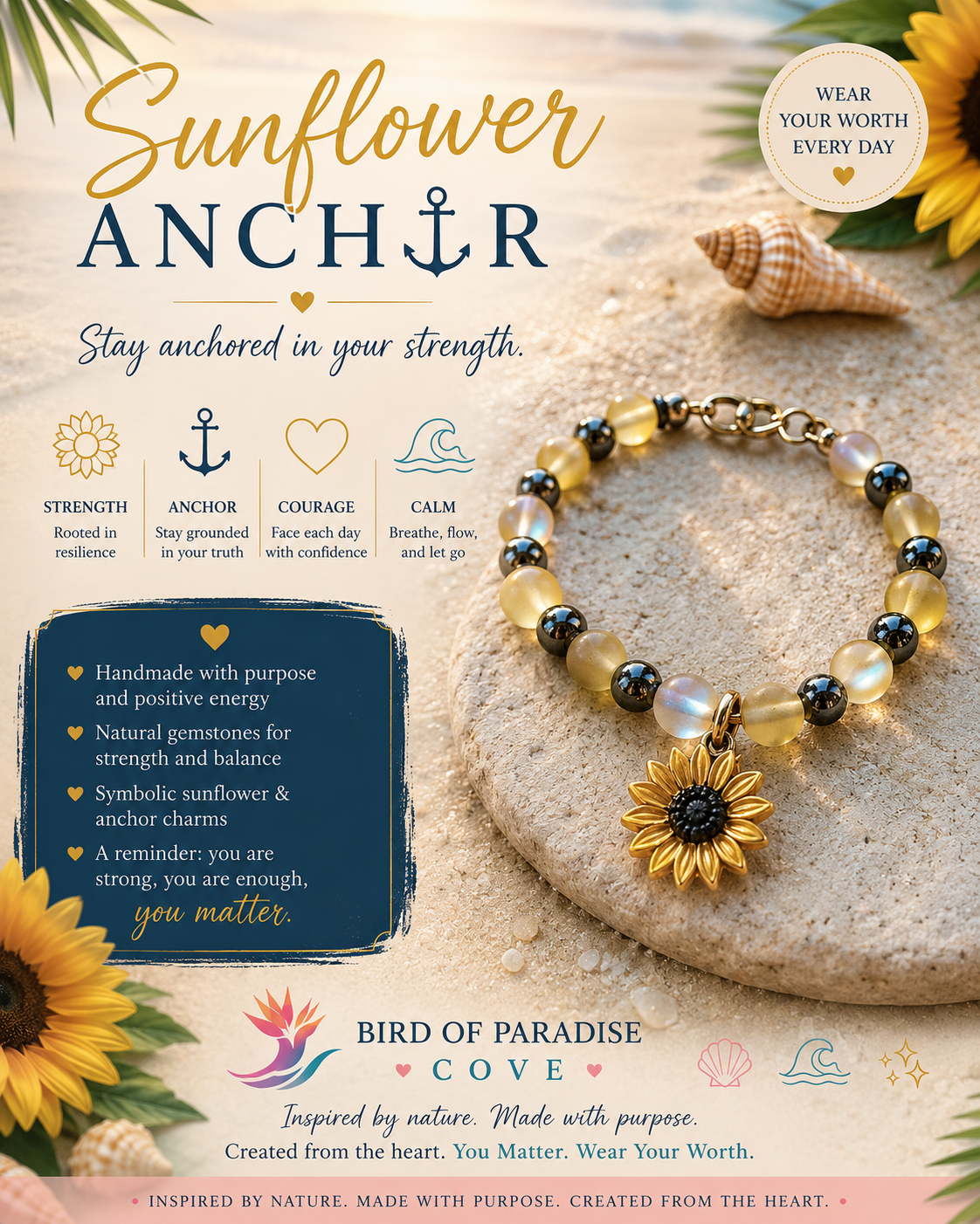 Sunflower Anchor bracelet information graphic featuring symbolism of strength, courage, calm, and staying grounded through life’s changing tides.
