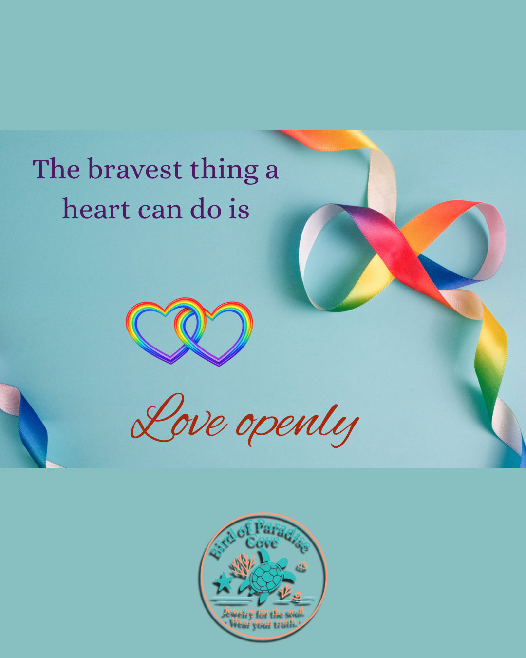 Colorful ribbon with interlocking hearts and text on a light blue background, featuring a brand logo.