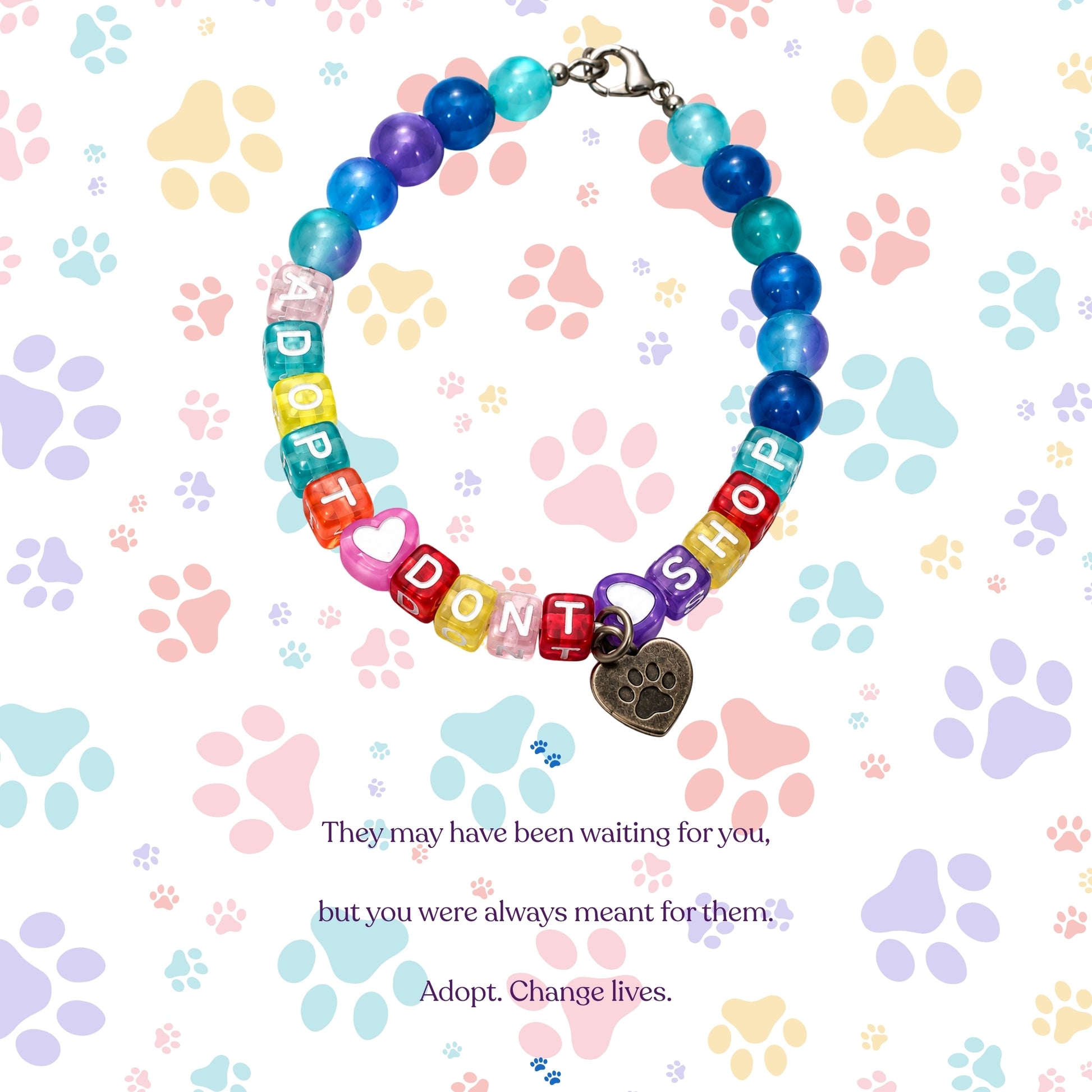 Inspirational pet adoption quote card with a colorful bracelet illustration and the message about rescue pets becoming the ones who save us.