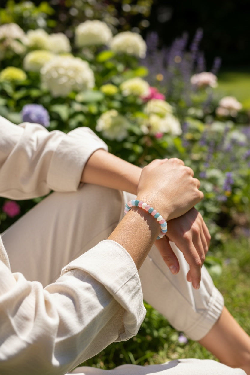 Handmade Trans Pride bracelet worn on a wrist featuring soft pink, blue, and white beads symbolizing authenticity, self-expression, and pride.