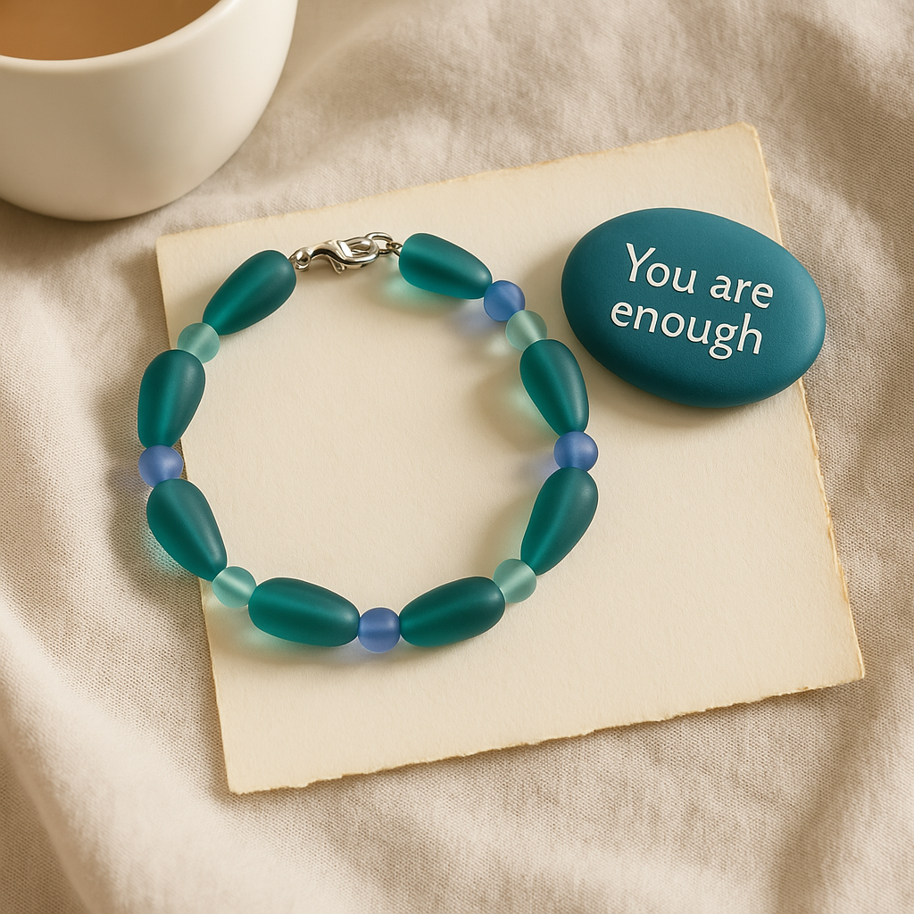 Handmade teal bracelet displayed beside inspirational You Are Enough affirmation card