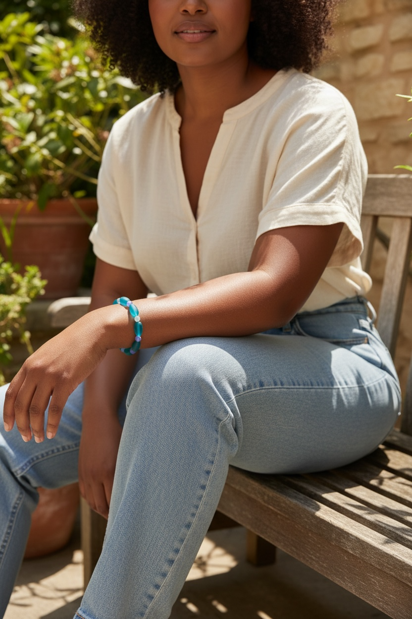 Woman wearing teal blue beaded bracelet outdoors in natural sunlight