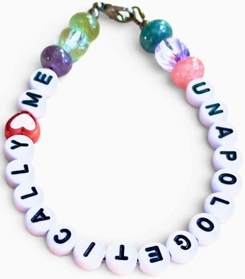 Unapologetically Me bracelet white background affirmation jewelry pastel beads
