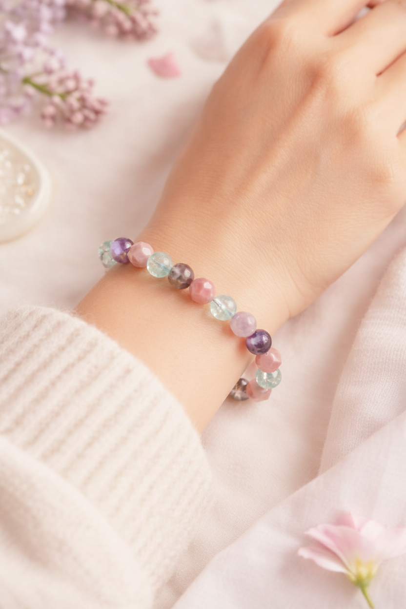 Woman wearing Velvet Moon Glow gemstone bracelet in soft feminine lifestyle setting