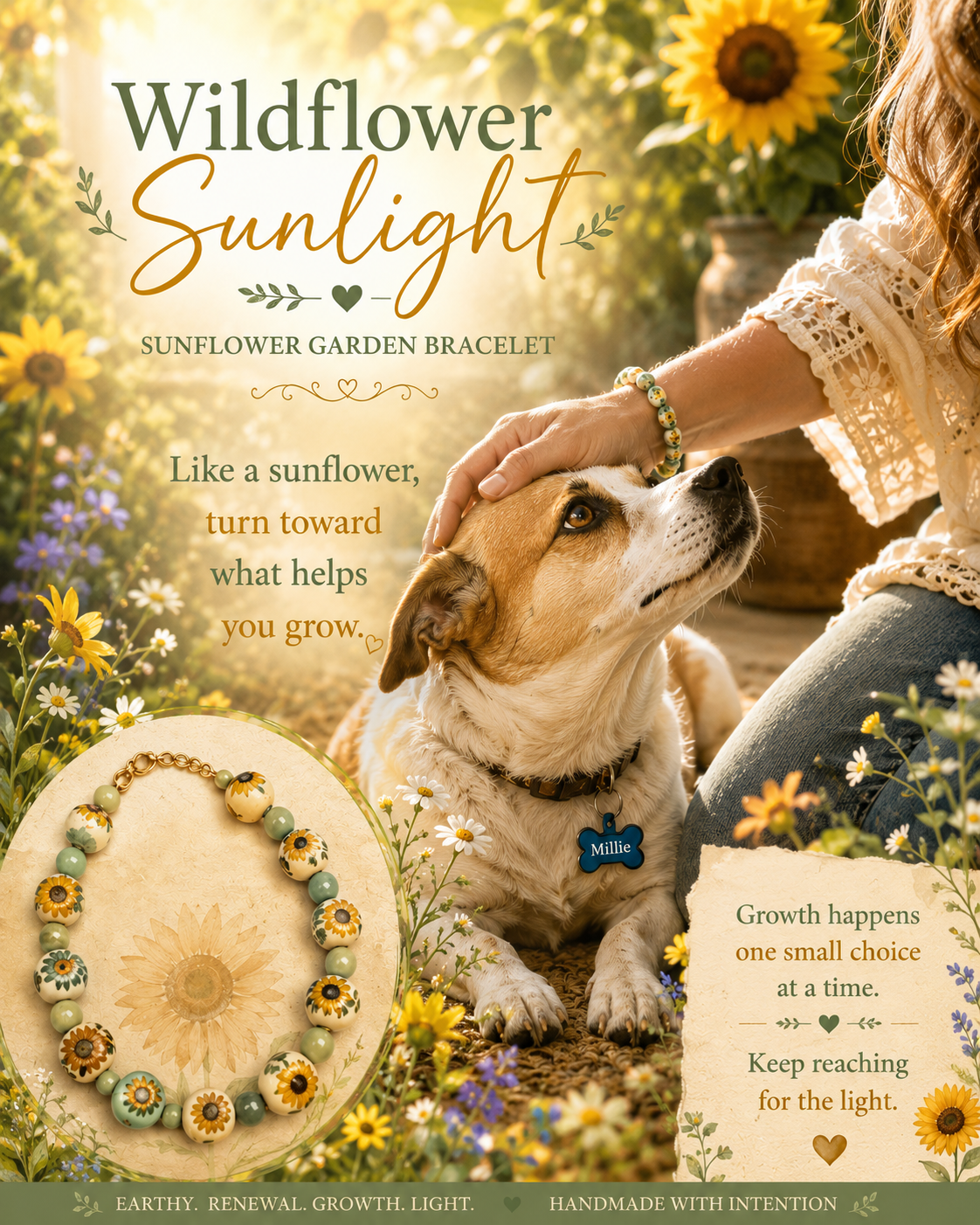 Sunflower garden bracelet with a dog and person in a field of sunflowers