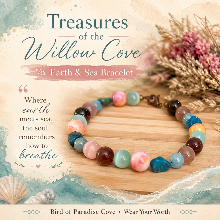 Treasures of the Willow Cove beaded bracelet surrounded by soft flowers and natural light in a dreamy garden-inspired setting.