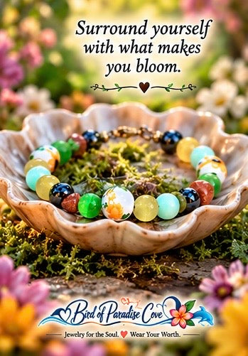 Willow Garden bracelet nestled in a decorative bowl surrounded by blooming garden flowers, with the affirmation, Surround yourself with what makes you bloom.