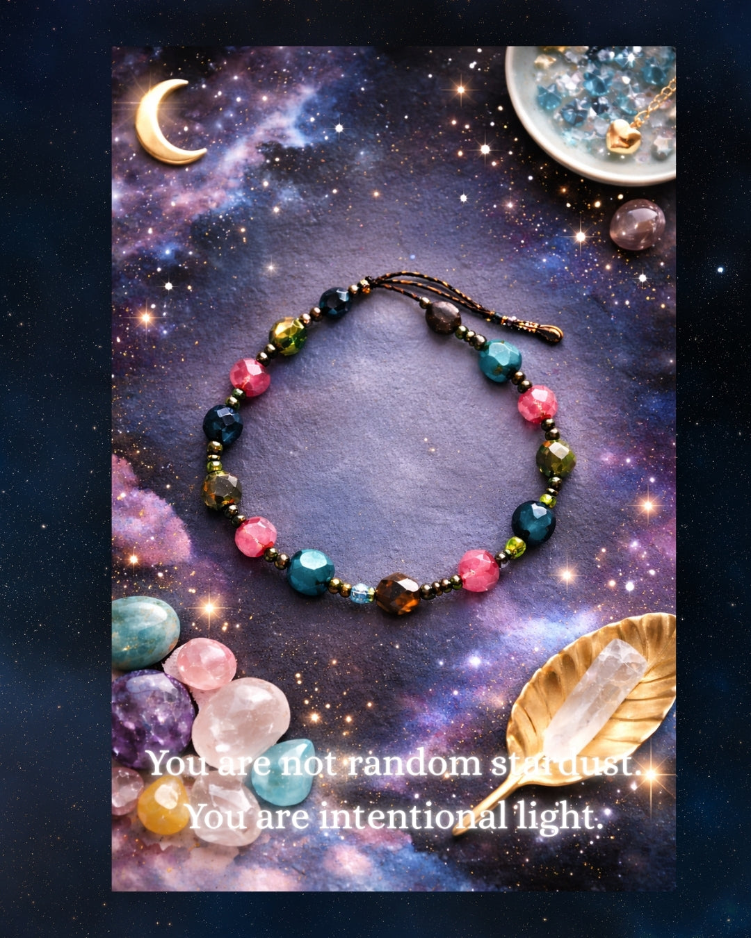 Dreamy handmade bracelet featuring galaxy blue beads and sparkling pink accents Quote