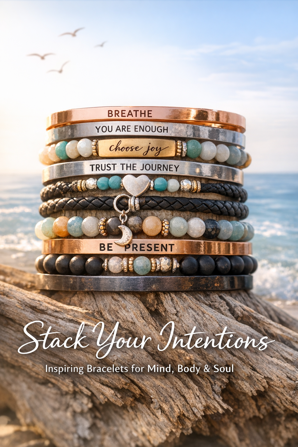 Bird of Paradise Cove bracelet stack graphic featuring inspirational intention bracelets on coastal driftwood.