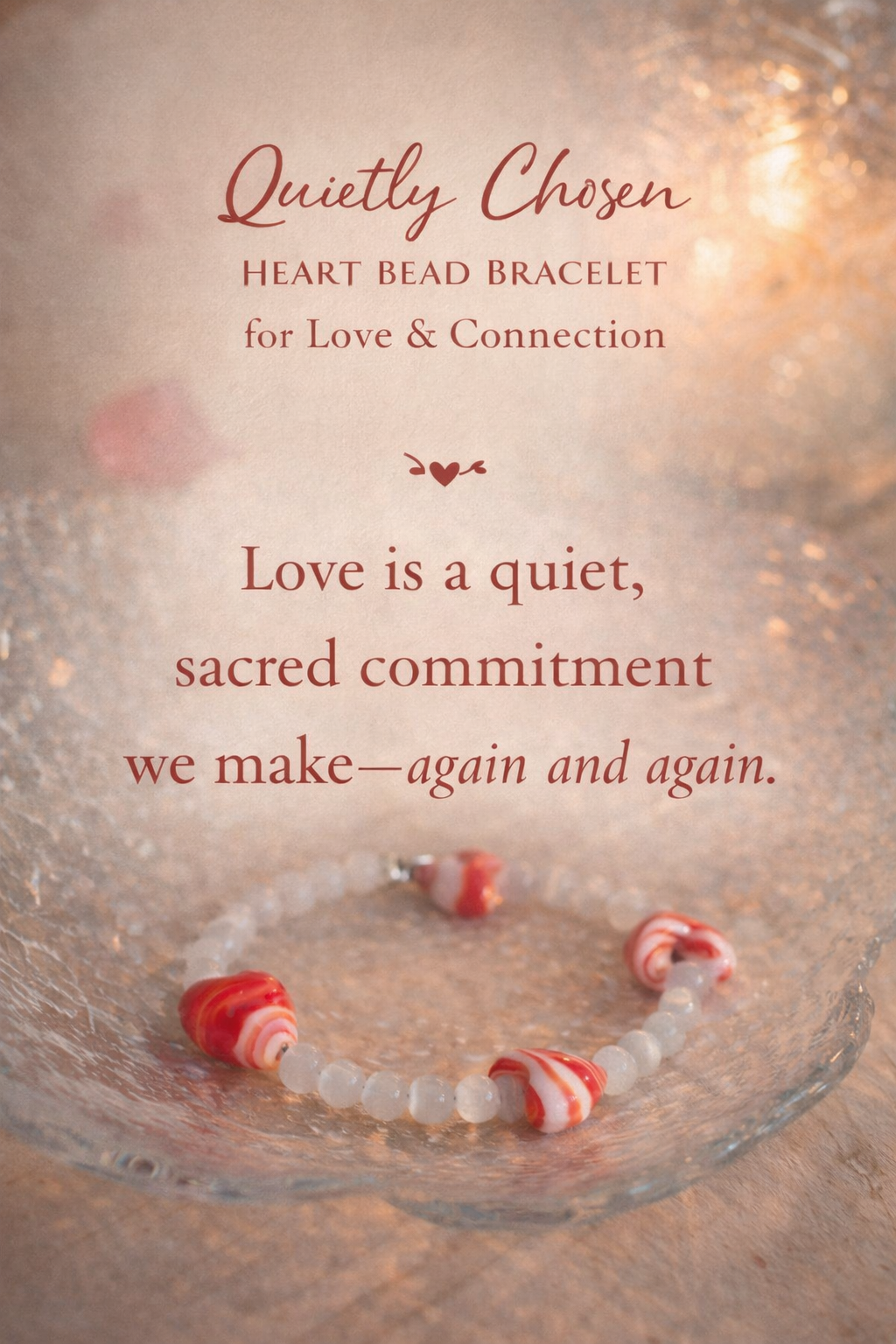 Heart bead bracelet with inspirational love quote styled in warm candlelight setting.
