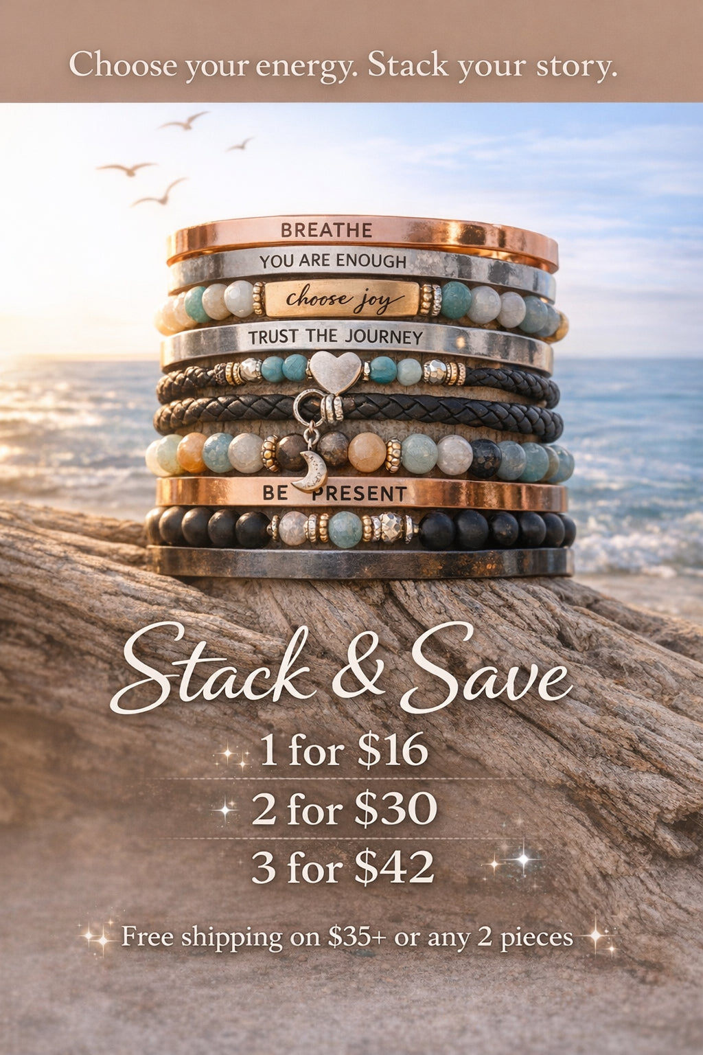 Promotional bracelet stack graphic featuring Bird of Paradise Cove jewelry bundle pricing and savings offer.